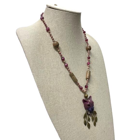 Vintage Purple Cat Pendant Brass Leaf Beaded Necklace - Picture 2 of 10
